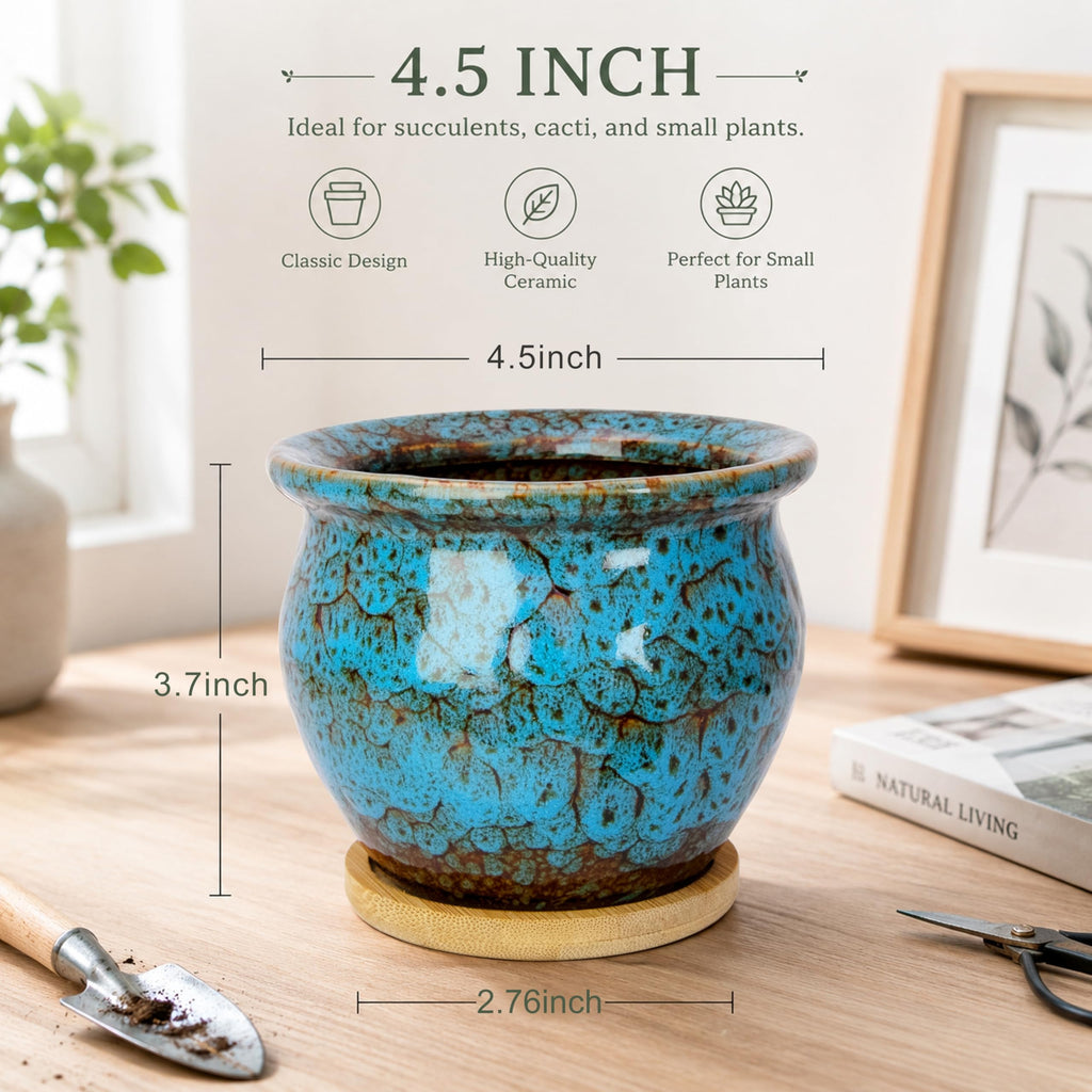 ARTKETTY Succulent Pots, 4 Pack Small Plant Pots with Drainage Tray | 4 Inch Flower Pots, Ceramic Planters for Indoor, Home Office Desk Decor