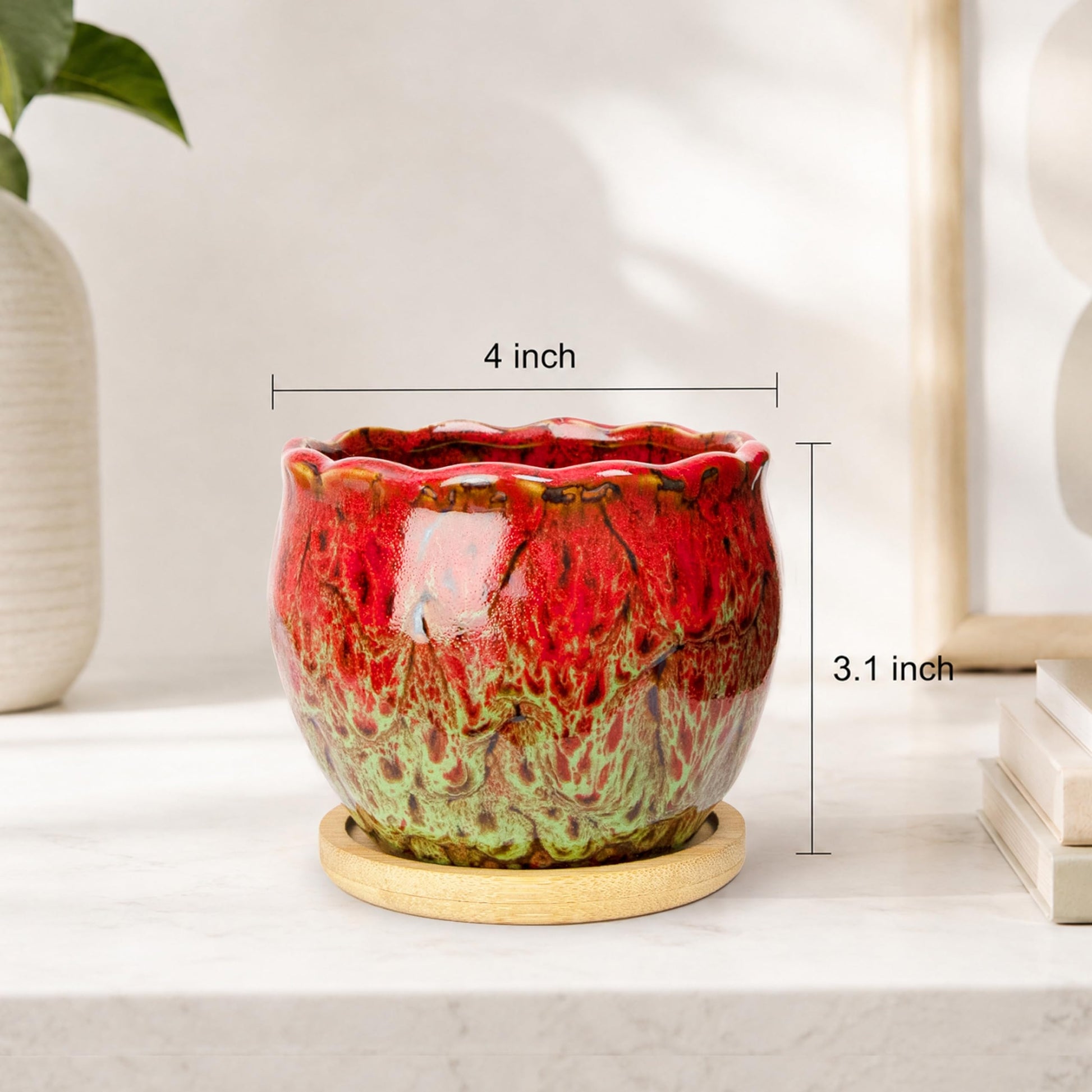 ARTKETTY Succulent Pots, 4 Pack Small Plant Pots with Drainage Tray | 4 Inch Flower Pots, Ceramic Planters for Indoor, Home Office Desk Decor