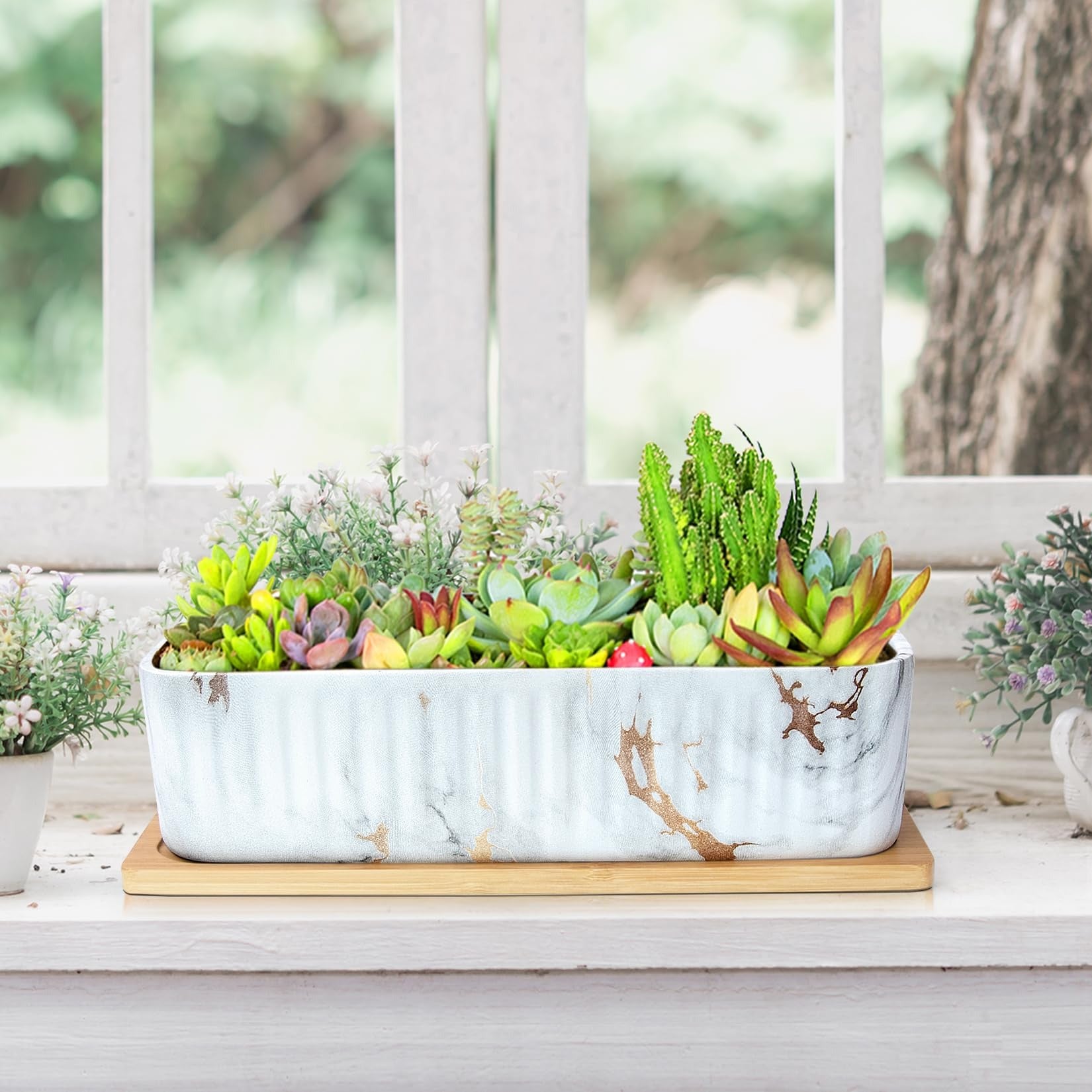 ARTKETTY 12'' Large Long Rectangular Planter, Ceramic Succulent Pots with Drainage Tray, Shallow Windowsill Succulent Planters for Indoor Cactus Bonsai Plants, Marble Window Box Home Office Decor