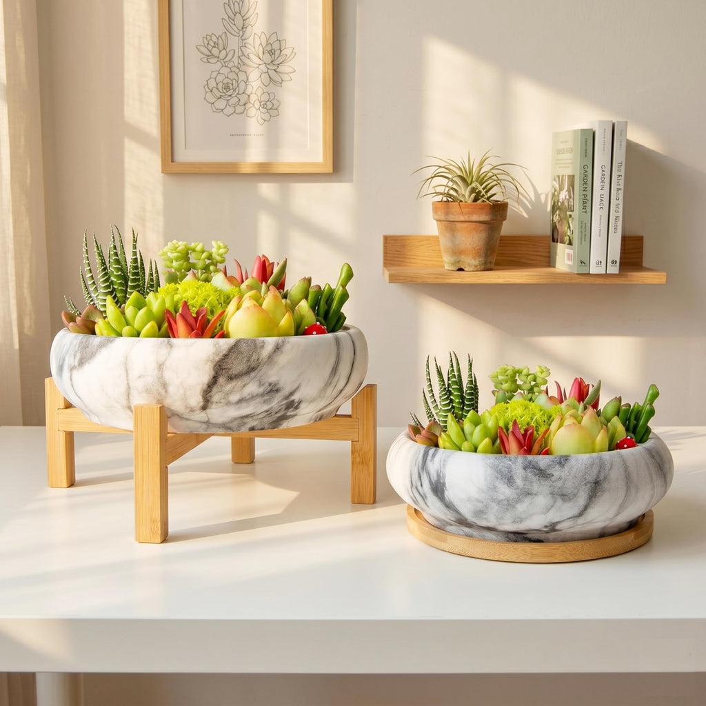ARTKETTY Succulent Pots- 7.3/10 Inch Large Plant Pots Set of 2 | Shallow Bonsai Pots with Drainage Tray, Ceramic Planters for Indoor Cactus Marble Flower Plant Container Bowl