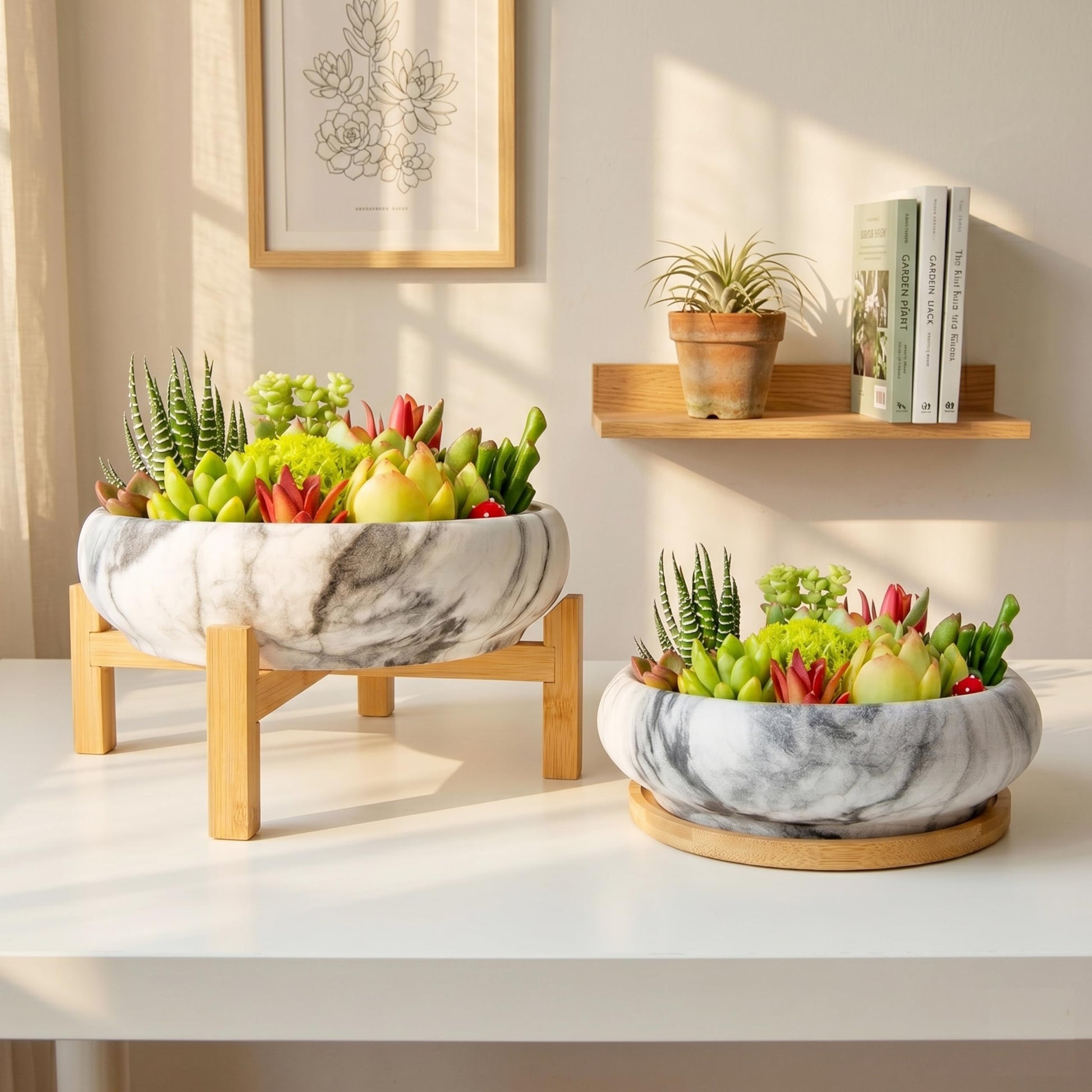ARTKETTY Succulent Pots- 7.3/10 Inch Large Plant Pots Set of 2 | Shallow Bonsai Pots with Drainage Tray, Ceramic Planters for Indoor Cactus Marble Flower Plant Container Bowl