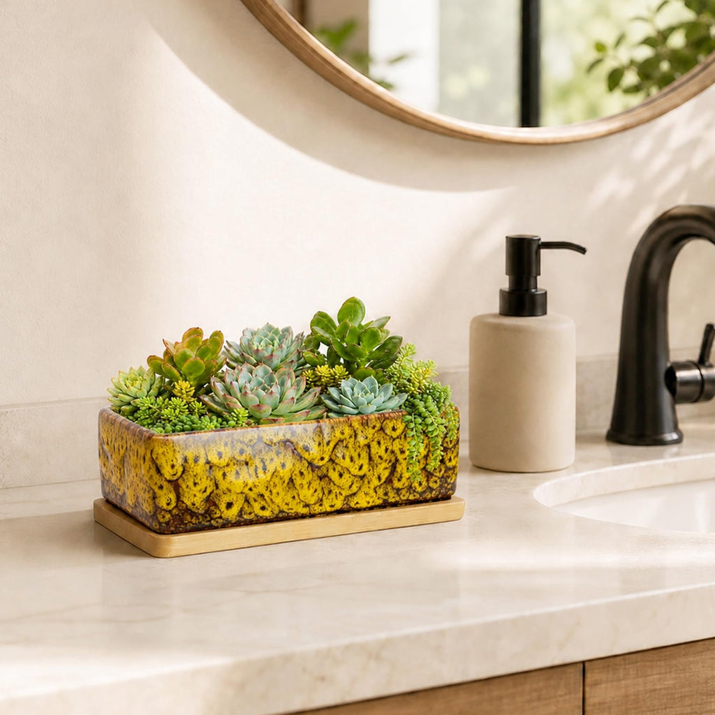 ARTKETTY Succulent Pots - 7 Inch Large Succulent Planters with Drainage Tray, Window Sill Planter, Long Rectangle Ceramic Pots for Indoor Cactus Plants Shallow Bonsai Window Box for Home Garden Decor