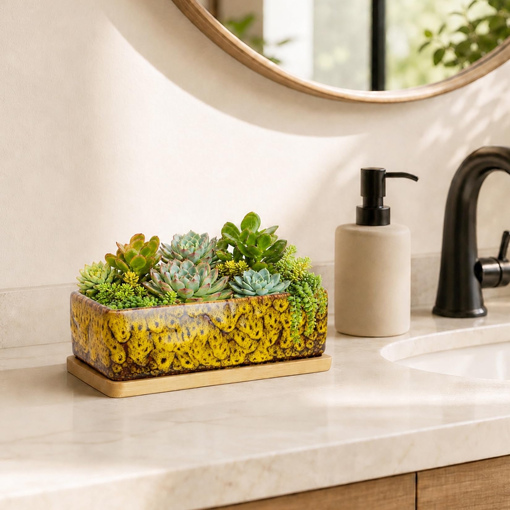 ARTKETTY Succulent Pots - 7 Inch Large Succulent Planters with Drainage Tray, Window Sill Planter, Long Rectangle Ceramic Pots for Indoor Cactus Plants Shallow Bonsai Window Box for Home Garden Decor