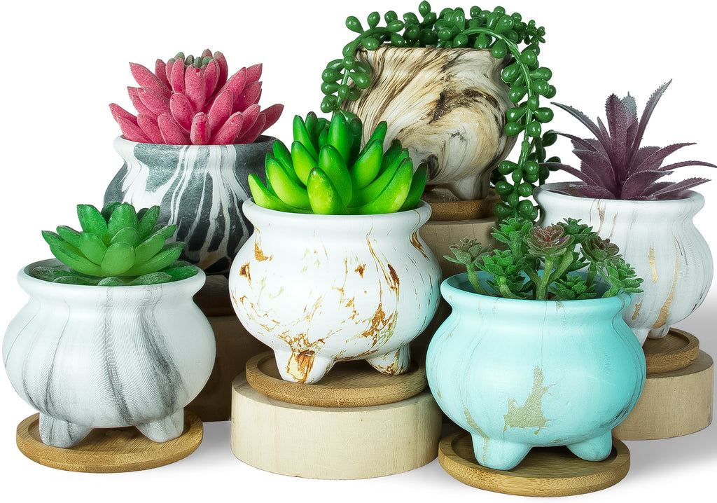 ARTKETTY 3.8 Inch Ceramic Succulent Planter Pots Small Cactus Planter Pots Tripod Glazed Flower Plant Container with Drainage Bamboo Tray Perfect for Desk or Windowsill Pack of 6