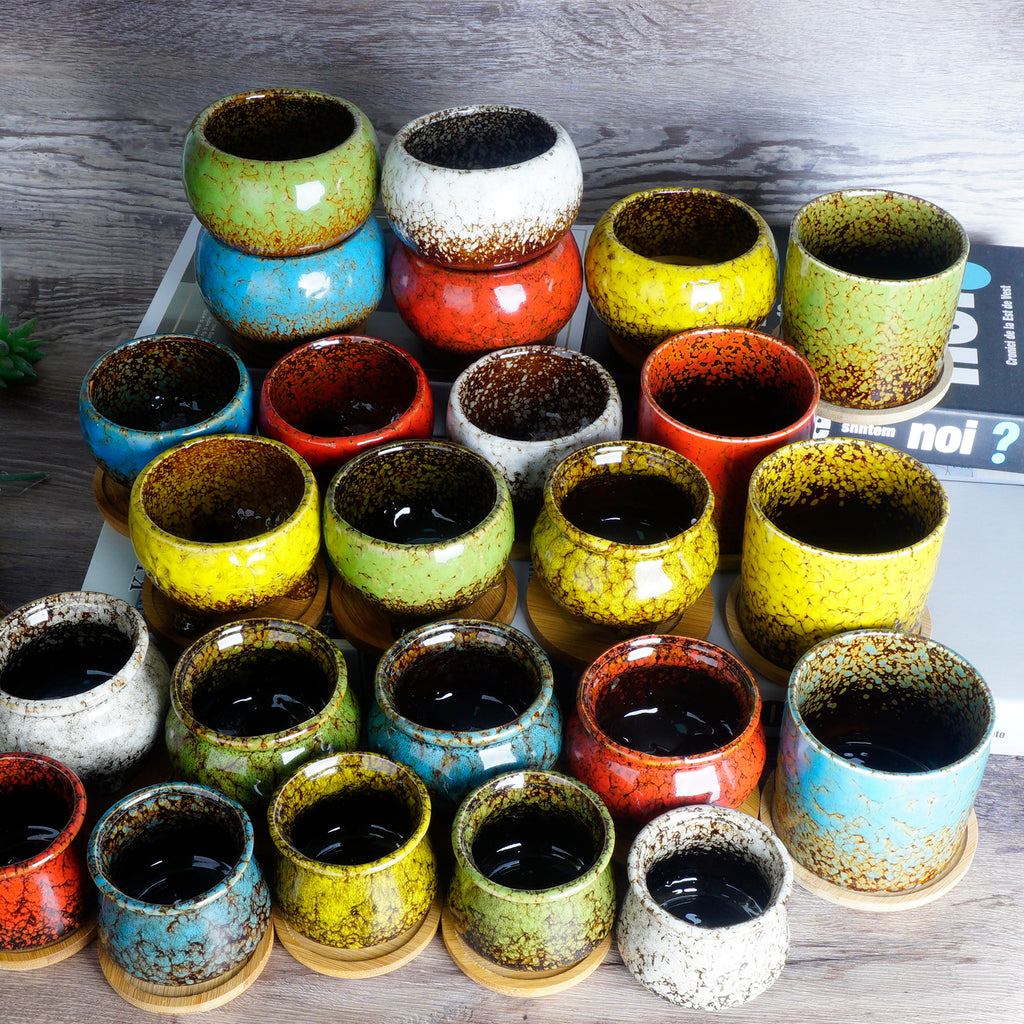 ARTKETTY 3.8 Inch Ceramic Succulent Planter Pots Small Cactus Planter Pots Tripod Glazed Flower Plant Container with Drainage Bamboo Tray Perfect for Desk or Windowsill Pack of 6