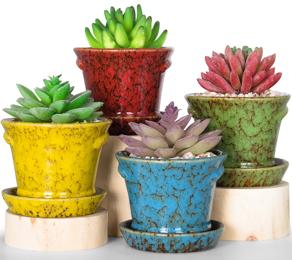 ARTKETTY Succulent Planter Pots, 4.2 Inch Modern Ceramic Cactus Plant Pots with Drainage Hole & Saucer Mini Glazed Flower Pots Tiny Plant Container Perfect for Indoor/Outdoor Plants Pack of 4
