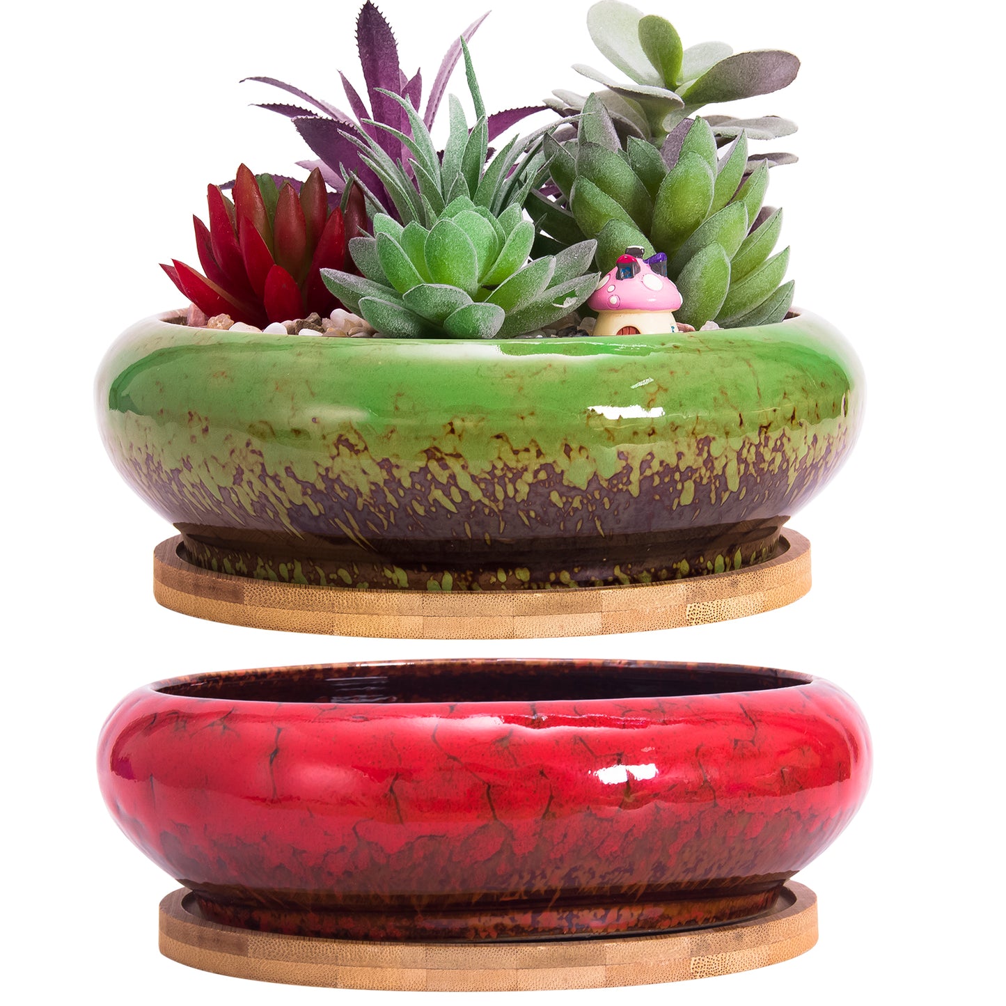 Succulent Pots, 7.3 Inch Succulent Planter Pots with Drainage Hole Pack of 2, Shallow Bonsai Pots with Tray Ceramic Flower Plant Pots for Indoor/Outdoor