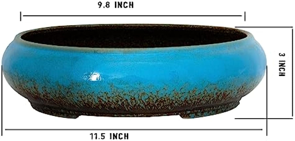 Succulent Pots - 11.5 Inch Ceramic Bonsai Pots with Drainage, Large Shallow Succulent Planters for Indoor Outdoor Plants, Round Glazed Cactus Flower Plant Container Bowl Home Desk Decor(Blue)