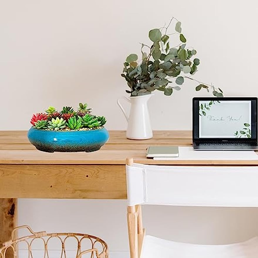 Succulent Pots - 11.5 Inch Ceramic Bonsai Pots with Drainage, Large Shallow Succulent Planters for Indoor Outdoor Plants, Round Glazed Cactus Flower Plant Container Bowl Home Desk Decor(Blue)
