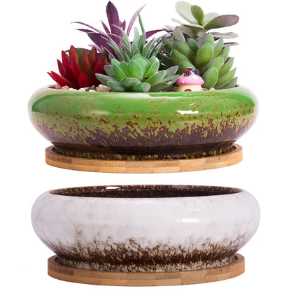 Succulent Pots, 7.3 Inch Succulent Planter Pots with Drainage Hole Pack of 2, Shallow Bonsai Pots with Tray Ceramic Flower Plant Pots for Indoor/Outdoor