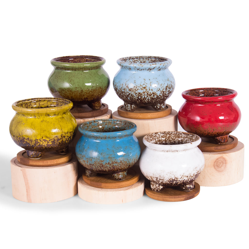 ARTKETTY 3.8 Inch Ceramic Succulent Planter Pots Small Cactus Planter Pots Tripod Glazed Flower Plant Container with Drainage Bamboo Tray Perfect for Desk or Windowsill Pack of 6