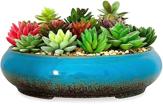 Succulent Pots - 11.5 Inch Ceramic Bonsai Pots with Drainage, Large Shallow Succulent Planters for Indoor Outdoor Plants, Round Glazed Cactus Flower Plant Container Bowl Home Desk Decor(Blue)