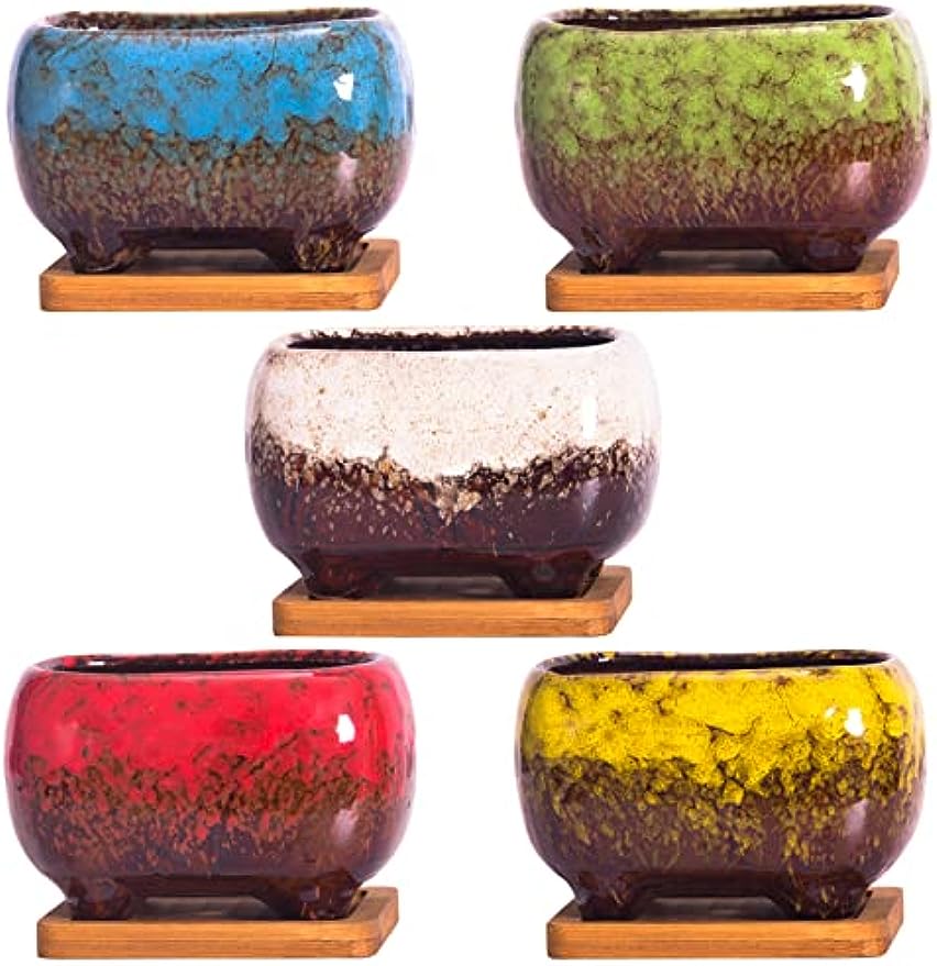 ARTKETTY Succulent Pots - 4.7 Inch Ceramic Succulent Planters with Drainage Set of 5, Rectangular Bonsai Pots with Bamboo Trays Small Pots for Indoor Cactus Flower Plants for Home Office Decor
