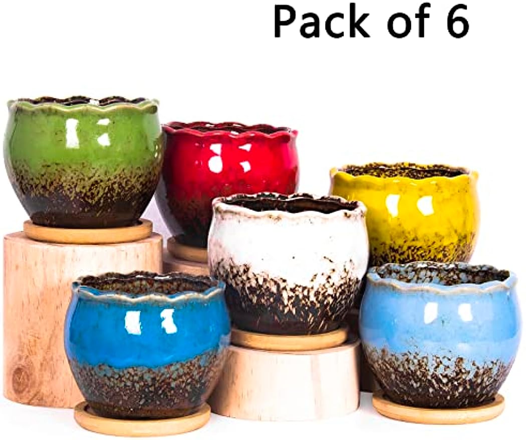 Succulent Pots, 4 Inch Small Succulent Planter Pot with Drainage Bamboo Trays, Ceramic Cactus Flower Planter Pot for Indoor Plants Set of 6