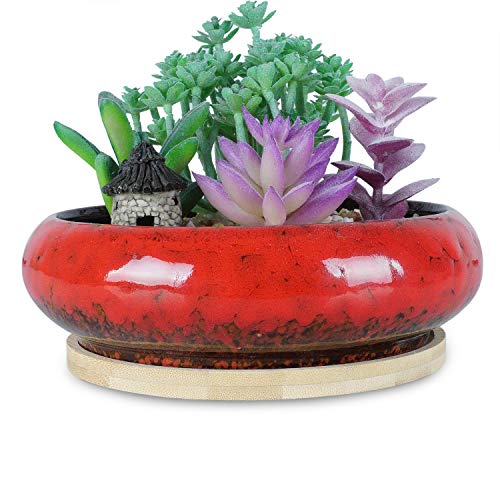 7.3 inch Round Succulent Planter Pots with Drainage Hole Bonsai Pots Garden Decorative Cactus Stand Ceramic Glazed Flower Container