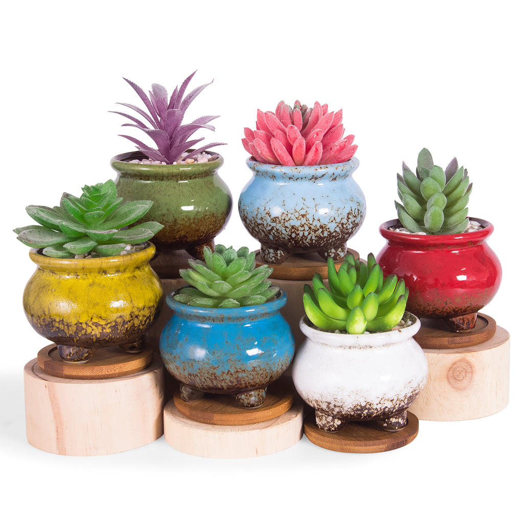 ARTKETTY 3.8 Inch Ceramic Succulent Planter Pots Small Cactus Planter Pots Tripod Glazed Flower Plant Container with Drainage Bamboo Tray Perfect for Desk or Windowsill Pack of 6