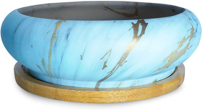 Artketty 7.3 Inch Large Ceramic Succulent Planter Pot, Modern Round Cactus Flower Planter Container Bowl with Drainage Bamboo Tray Decorative Garden Shallow Marble Bonsai Pot for Indoor/outdoor Plants