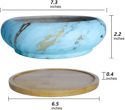 Artketty 7.3 Inch Large Ceramic Succulent Planter Pot, Modern Round Cactus Flower Planter Container Bowl with Drainage Bamboo Tray Decorative Garden Shallow Marble Bonsai Pot for Indoor/outdoor Plants