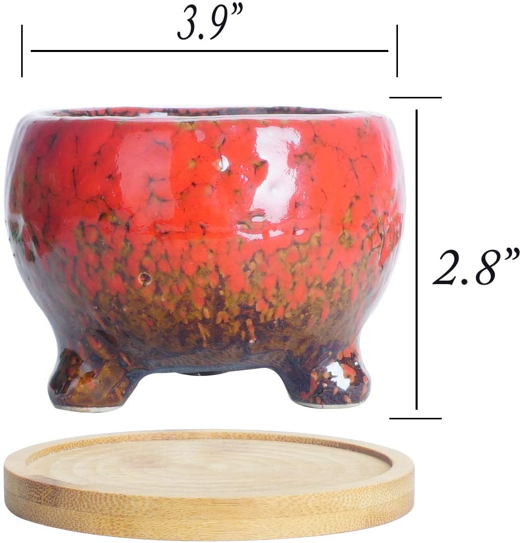 ARTKETTY Succulent Planter Pots, 3.9 Inch Small Ceramic Cactus Planter Pots Tripod Glazed Flower Plant Container Tiny Pots with Drainge Bamboo Tray, Set of 5