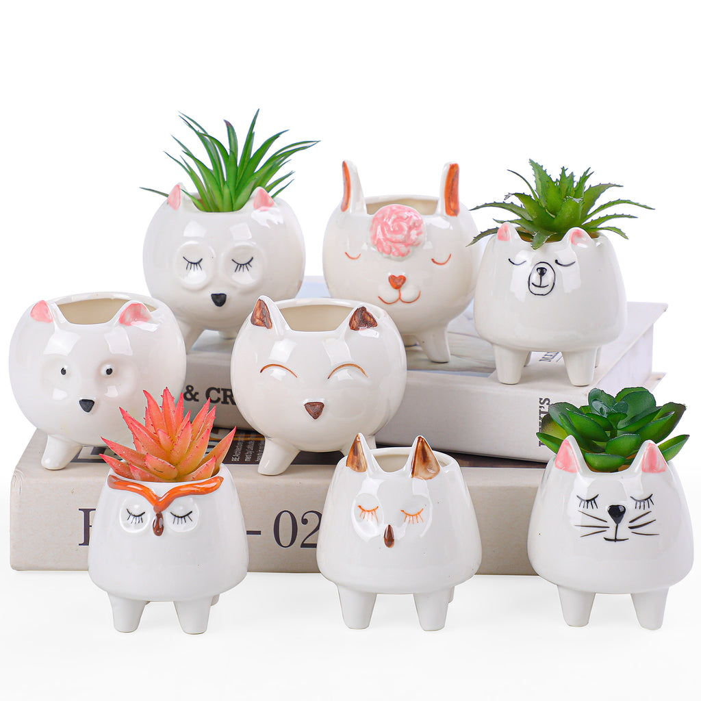 animal succulent pots 8 Pcs Succulent Pots with Drainage, Small Cartoon Animal Planters Cer – artketty