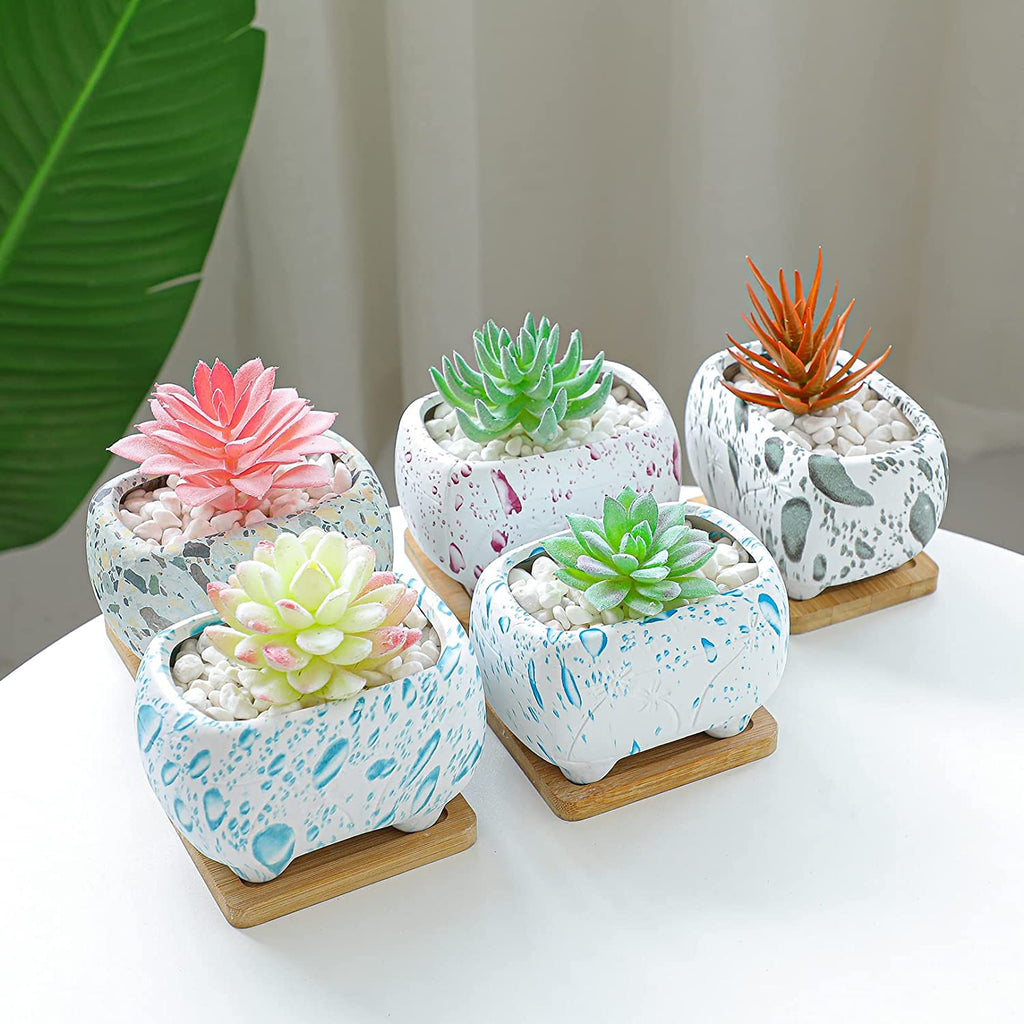 Succulent Planter, 4.7" Small Succulent Pots with Drainage Rectangular Cactus Planter with Bamboo Trays Ceramic Pots for Indoor Flower Plants Set of 5