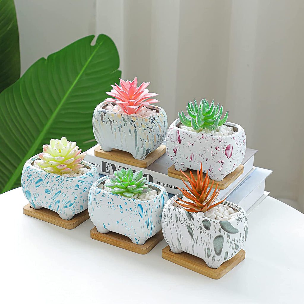 Succulent Planter, 4.7" Small Succulent Pots with Drainage Rectangular Cactus Planter with Bamboo Trays Ceramic Pots for Indoor Flower Plants Set of 5
