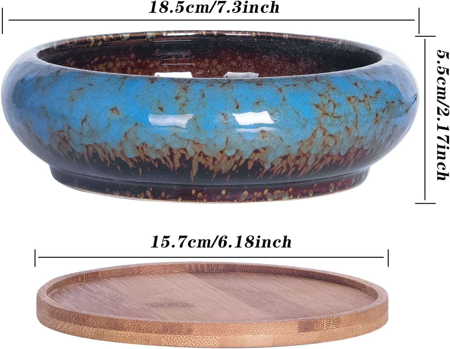 Succulent Pots, 7.3 Inch Succulent Planter Pots with Drainage Hole Pack of 2, Shallow Bonsai Pots with Tray Ceramic Flower Plant Pots for Indoor/Outdoor