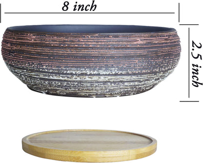 ARTKETTY Succulent Planter, Large Succulent Pots with Drainage Bamboo Tray 8 Inch Ceramic Bonsai Pots for Indoor/Outdoor Plants Garden Decorative Cactus Flower Container Bowl