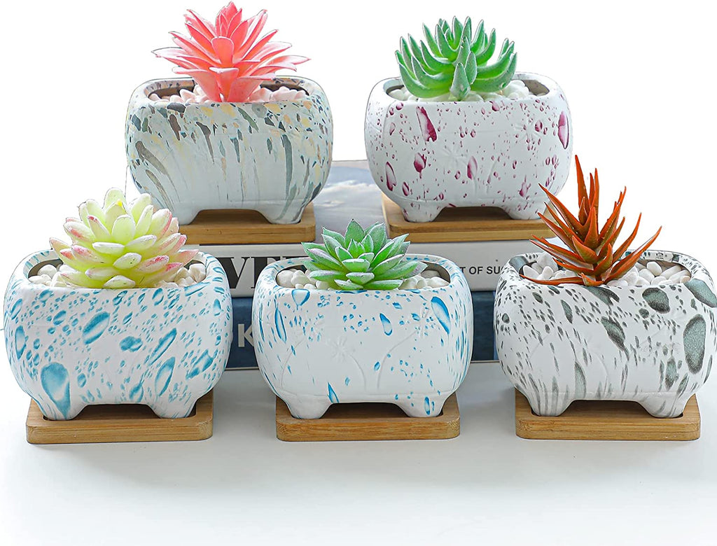 Succulent Planter, 4.7" Small Succulent Pots with Drainage Rectangular Cactus Planter with Bamboo Trays Ceramic Pots for Indoor Flower Plants Set of 5