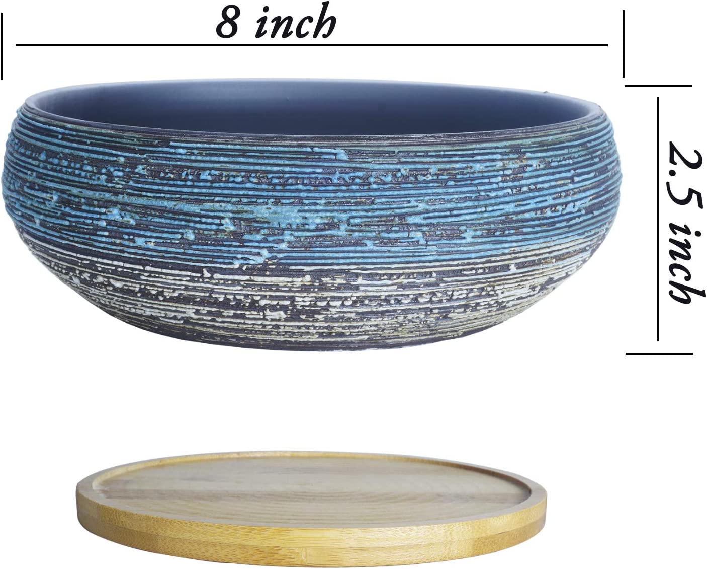ARTKETTY 8 Inch Large Round Succulent Planter Pots with Drainage Bamboo Tray Ceramic Glazed Bonsai Pots for Indoor/Outdoor Plants Garden Decorative Cactus Flower Container Bowl
