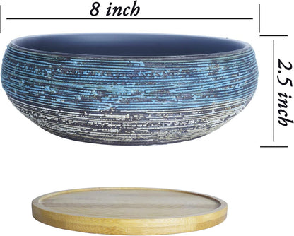 ARTKETTY 8 Inch Large Round Succulent Planter Pots with Drainage Bamboo Tray Ceramic Glazed Bonsai Pots for Indoor/Outdoor Plants Garden Decorative Cactus Flower Container Bowl