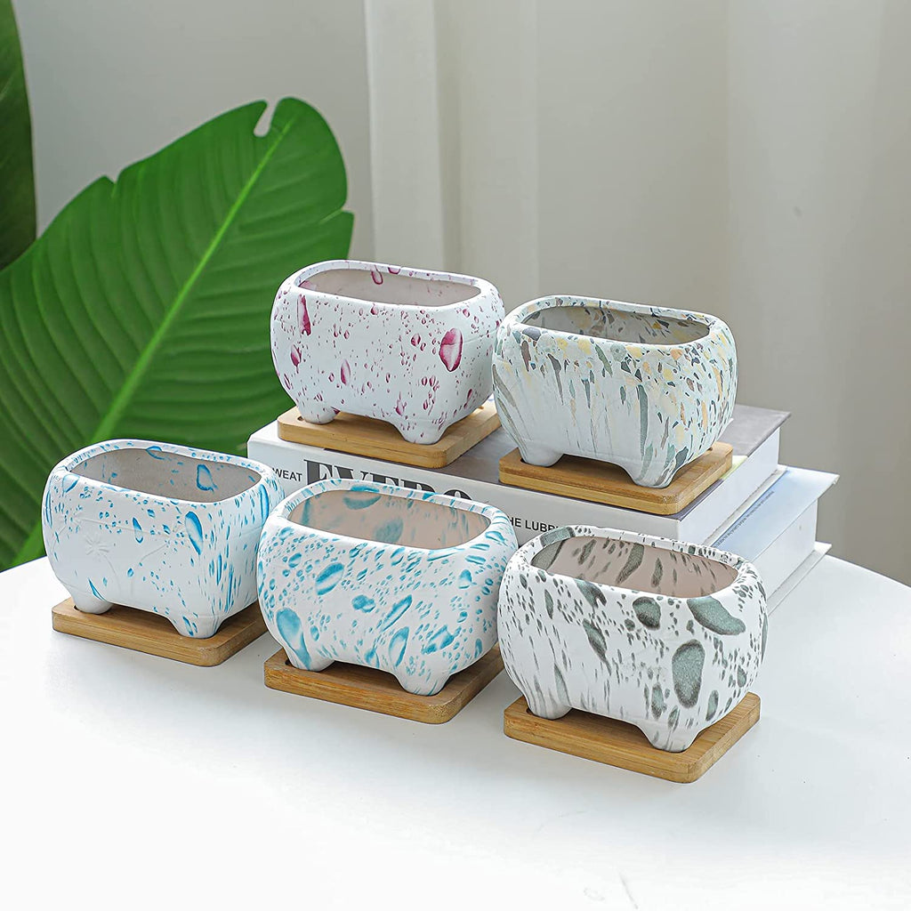 Succulent Planter, 4.7" Small Succulent Pots with Drainage Rectangular Cactus Planter with Bamboo Trays Ceramic Pots for Indoor Flower Plants Set of 5