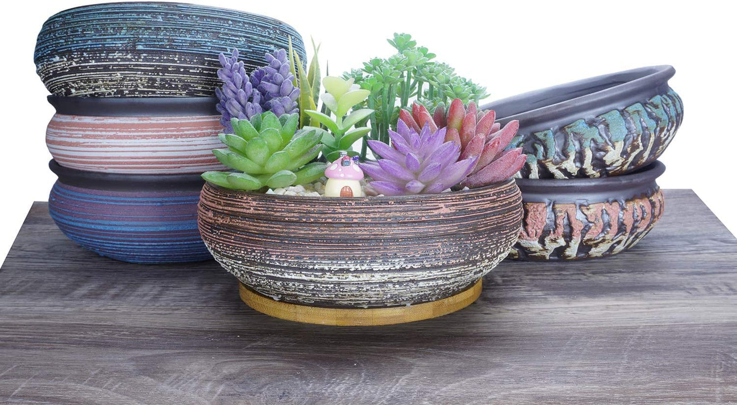 ARTKETTY Succulent Planter, Large Succulent Pots with Drainage Bamboo Tray 8 Inch Ceramic Bonsai Pots for Indoor/Outdoor Plants Garden Decorative Cactus Flower Container Bowl