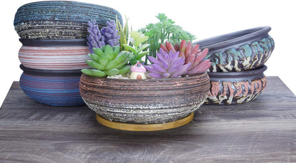 ARTKETTY Succulent Planter, Large Succulent Pots with Drainage Bamboo Tray 8 Inch Ceramic Bonsai Pots for Indoor/Outdoor Plants Garden Decorative Cactus Flower Container Bowl