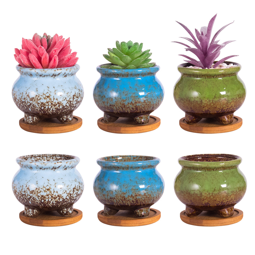 ARTKETTY 3.8 Inch Ceramic Succulent Planter Pots Small Cactus Planter Pots Tripod Glazed Flower Plant Container with Drainage Bamboo Tray Perfect for Desk or Windowsill Pack of 6