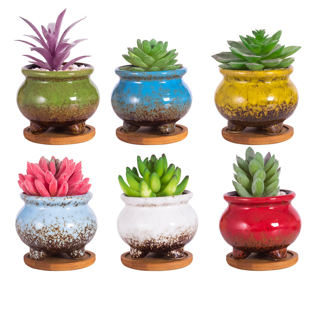 ARTKETTY 3.8 Inch Ceramic Succulent Planter Pots Small Cactus Planter Pots Tripod Glazed Flower Plant Container with Drainage Bamboo Tray Perfect for Desk or Windowsill Pack of 6