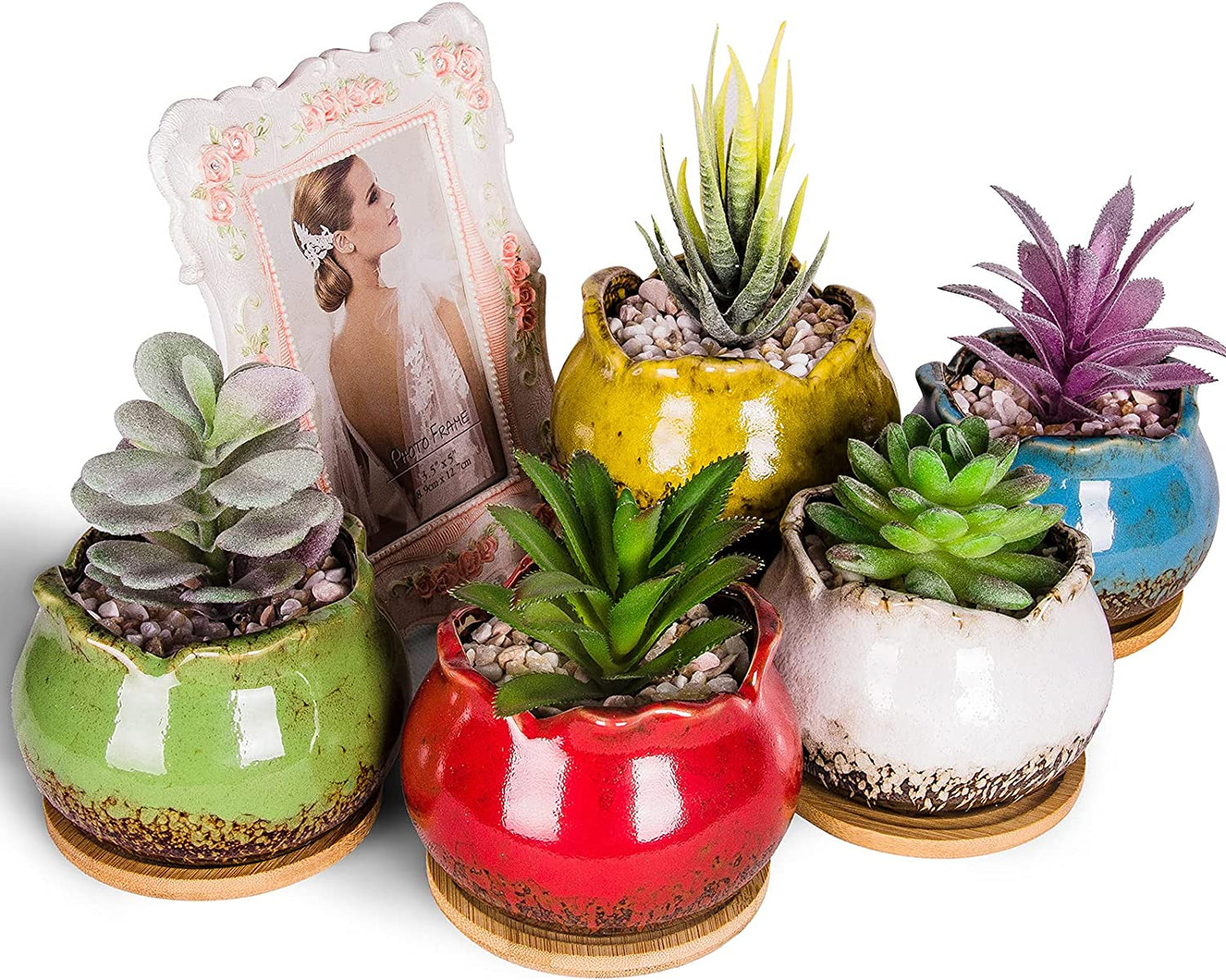 Succulent Pots, 4 Inch Small Succulent Planters Pots with Drainage Trays, Colorful Cactus Planter Ceramic Pots for Indoor Flower Plants (Pack of 5)