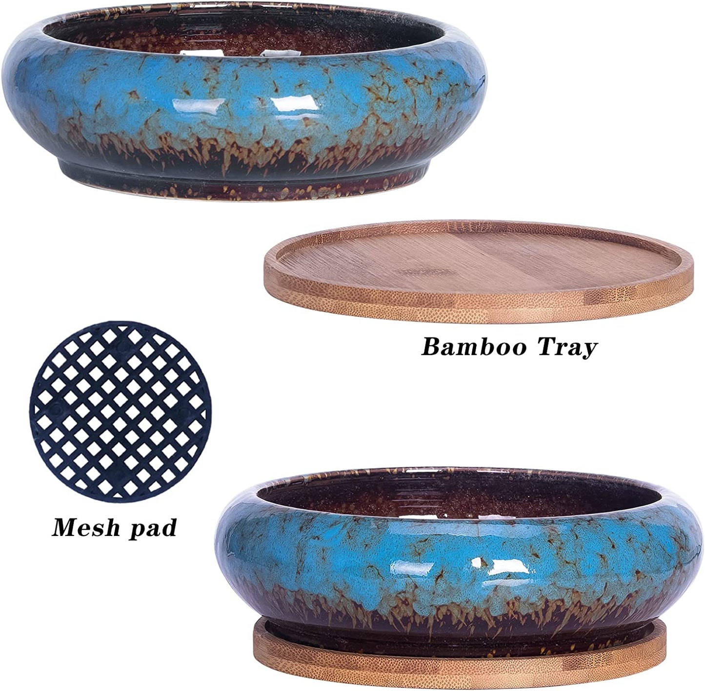 Succulent Pots, 7.3 Inch Succulent Planter Pots with Drainage Hole Pack of 2, Shallow Bonsai Pots with Tray Ceramic Flower Plant Pots for Indoor/Outdoor
