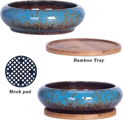 Succulent Pots, 7.3 Inch Succulent Planter Pots with Drainage Hole Pack of 2, Shallow Bonsai Pots with Tray Ceramic Flower Plant Pots for Indoor/Outdoor
