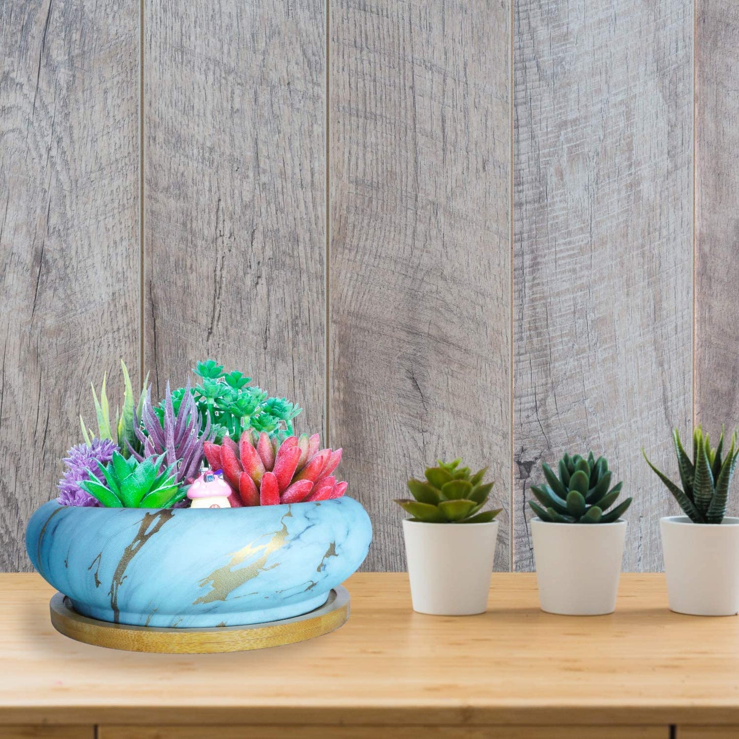 Artketty 7.3 Inch Large Ceramic Succulent Planter Pot, Modern Round Cactus Flower Planter Container Bowl with Drainage Bamboo Tray Decorative Garden Shallow Marble Bonsai Pot for Indoor/outdoor Plants