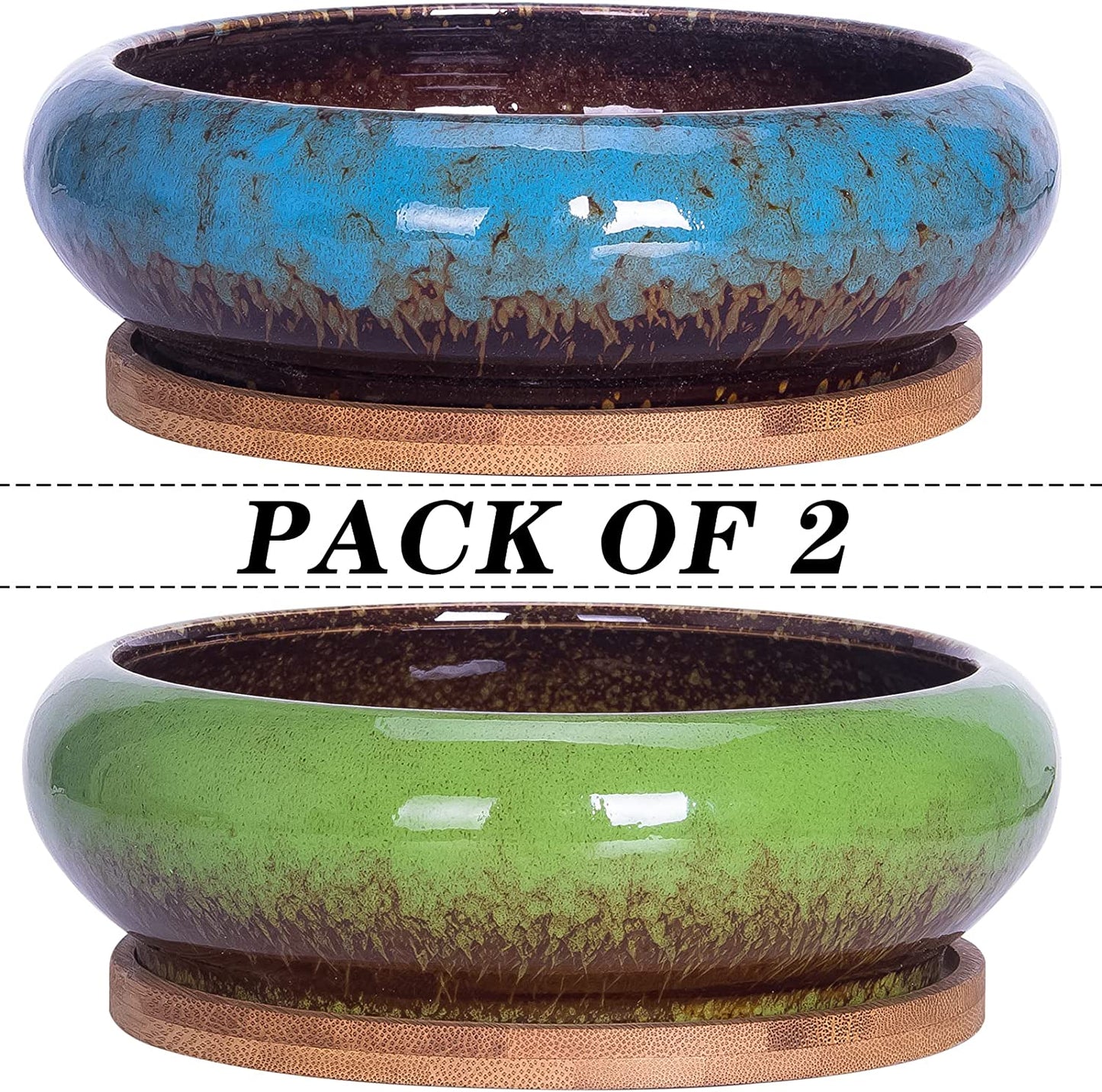 Succulent Pots, 7.3 Inch Succulent Planter Pots with Drainage Hole Pack of 2, Shallow Bonsai Pots with Tray Ceramic Flower Plant Pots for Indoor/Outdoor