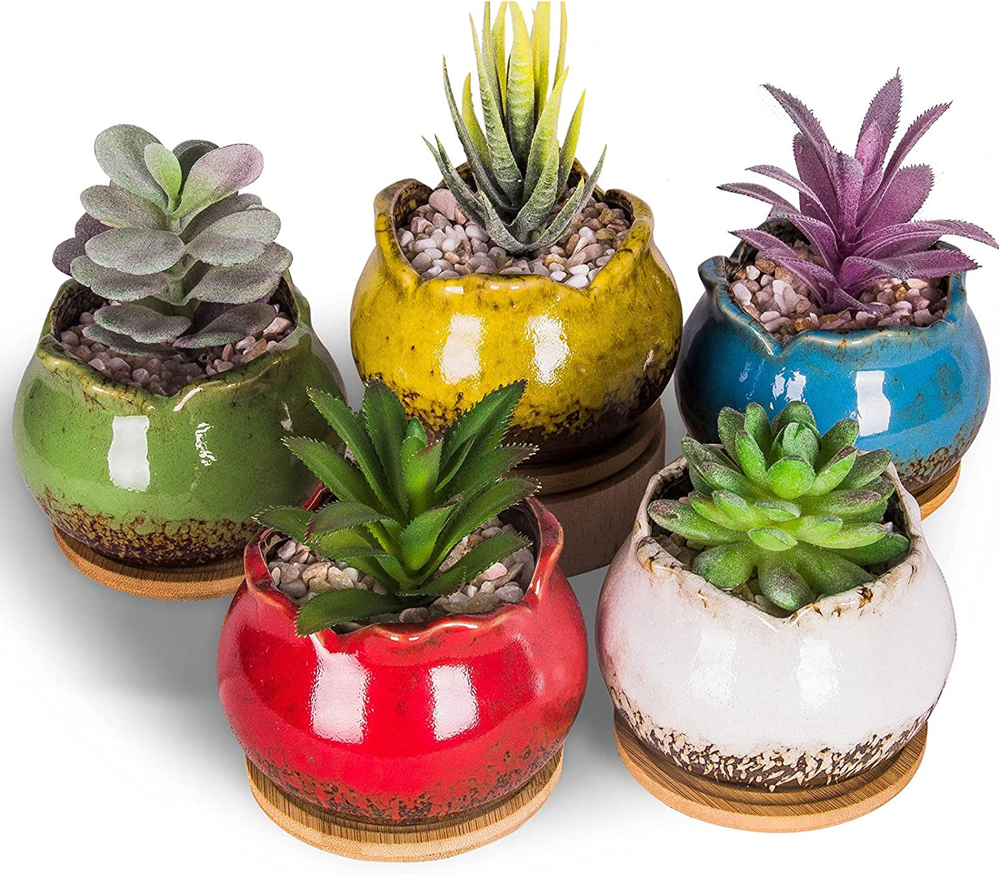 Succulent Pots, 4 Inch Small Succulent Planters Pots with Drainage Trays, Colorful Cactus Planter Ceramic Pots for Indoor Flower Plants (Pack of 5)