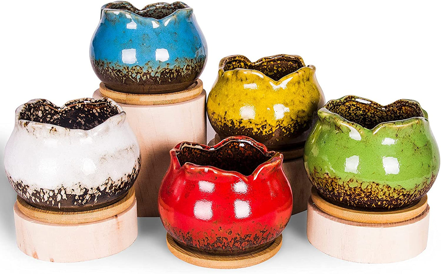 Succulent Pots, 4 Inch Small Succulent Planters Pots with Drainage Trays, Colorful Cactus Planter Ceramic Pots for Indoor Flower Plants (Pack of 5)