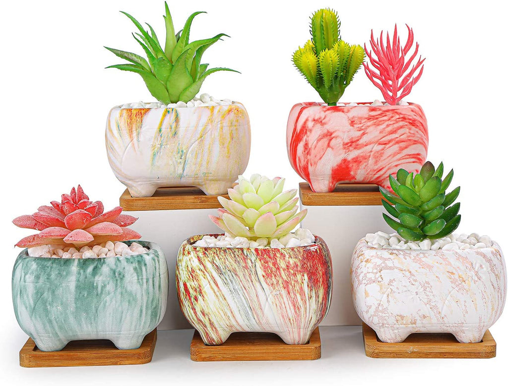 Succulent Planter, 4.7" Small Succulent Pots with Drainage Rectangular Cactus Planter with Bamboo Trays Ceramic Pots for Indoor Flower Plants Set of 5