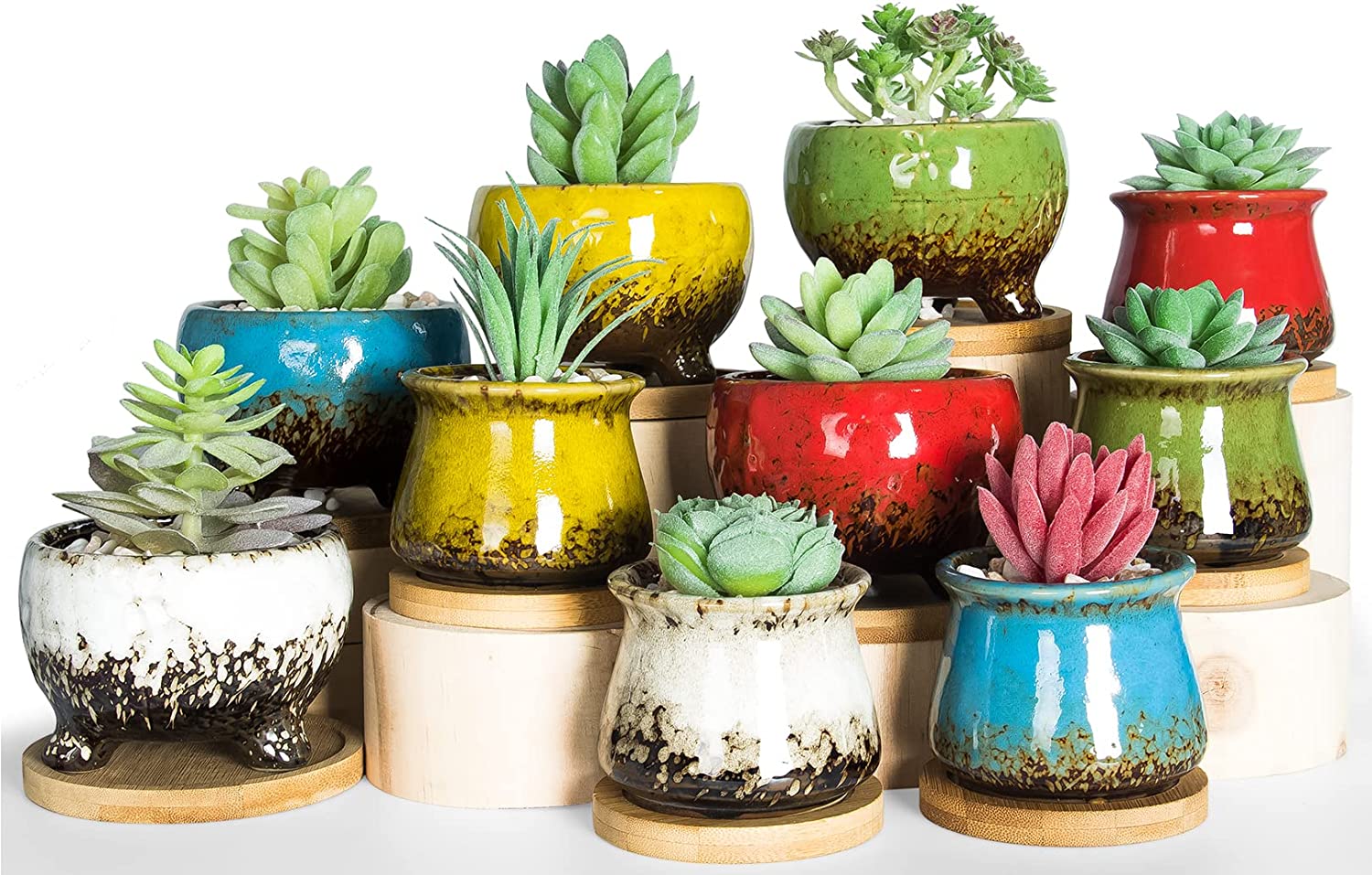 Succulent Pots, Small Succulent Planter Pots with Drainage Trays Ceramic Flower Pots for Indoor Cactus Plants Set of 10