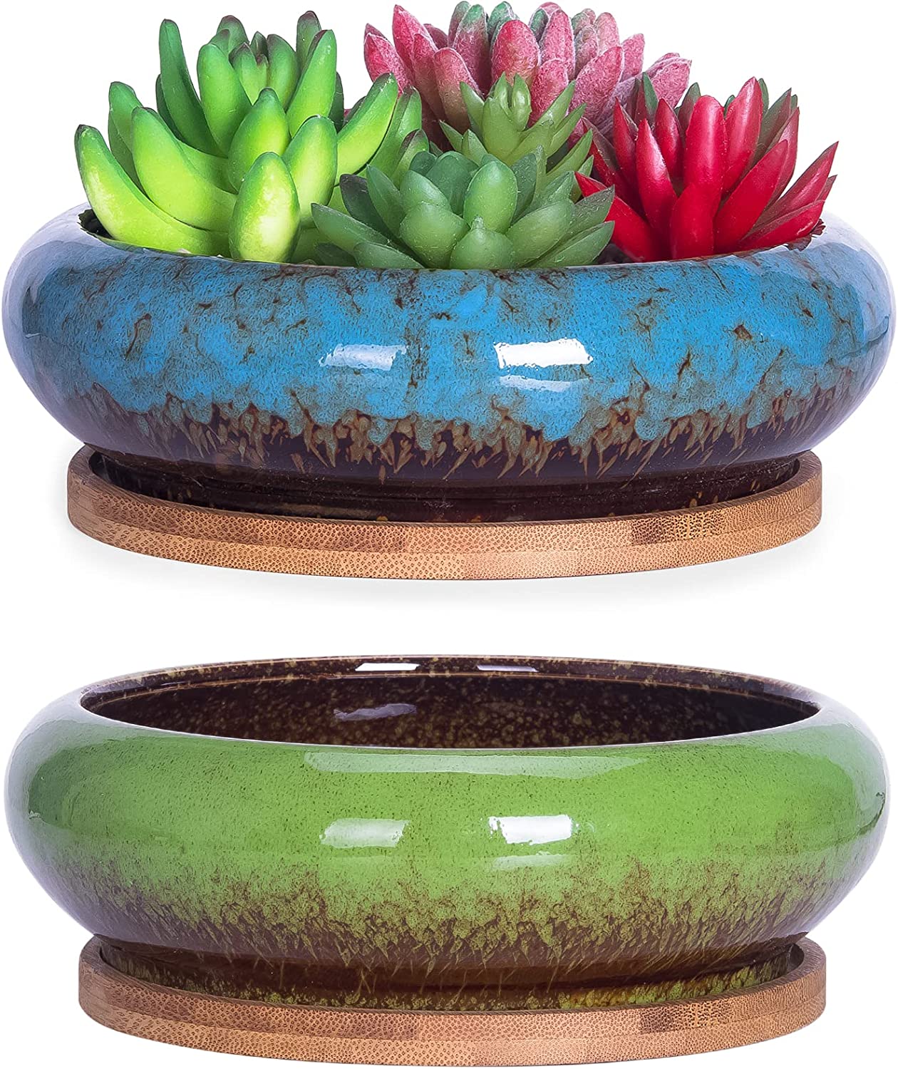 Succulent Pots, 7.3 Inch Succulent Planter Pots with Drainage Hole Pack of 2, Shallow Bonsai Pots with Tray Ceramic Flower Plant Pots for Indoor/Outdoor