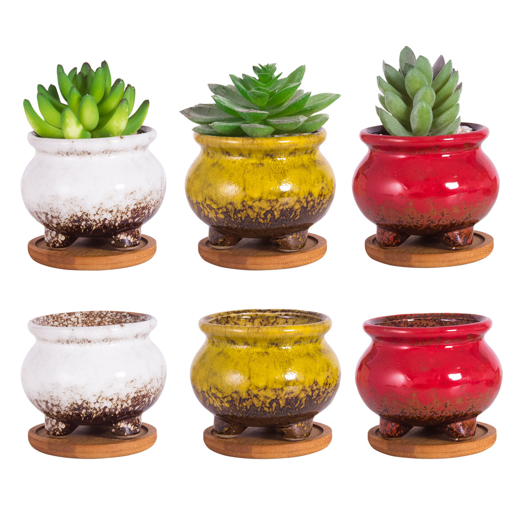 ARTKETTY 3.8 Inch Ceramic Succulent Planter Pots Small Cactus Planter Pots Tripod Glazed Flower Plant Container with Drainage Bamboo Tray Perfect for Desk or Windowsill Pack of 6