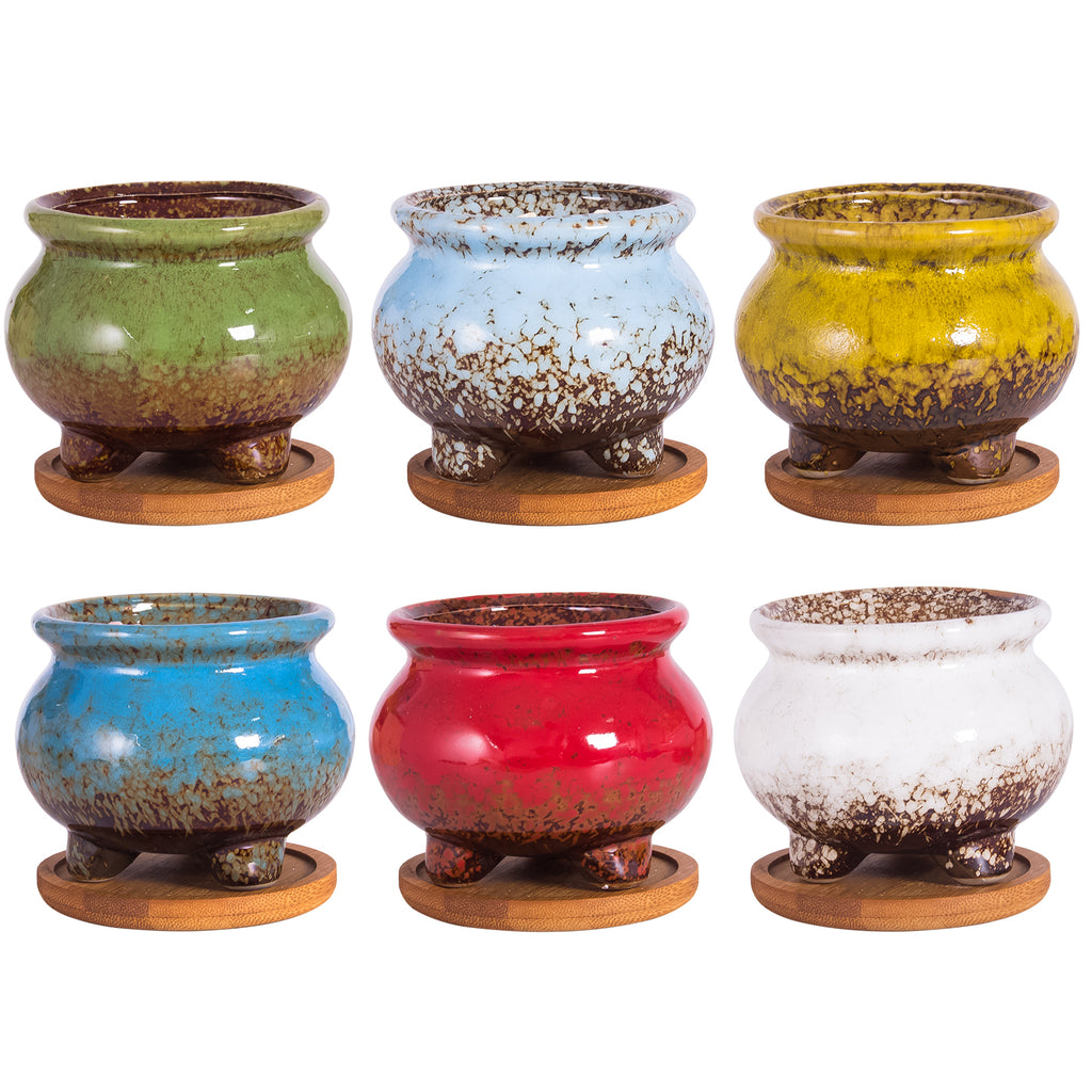 ARTKETTY 3.8 Inch Ceramic Succulent Planter Pots Small Cactus Planter Pots Tripod Glazed Flower Plant Container with Drainage Bamboo Tray Perfect for Desk or Windowsill Pack of 6