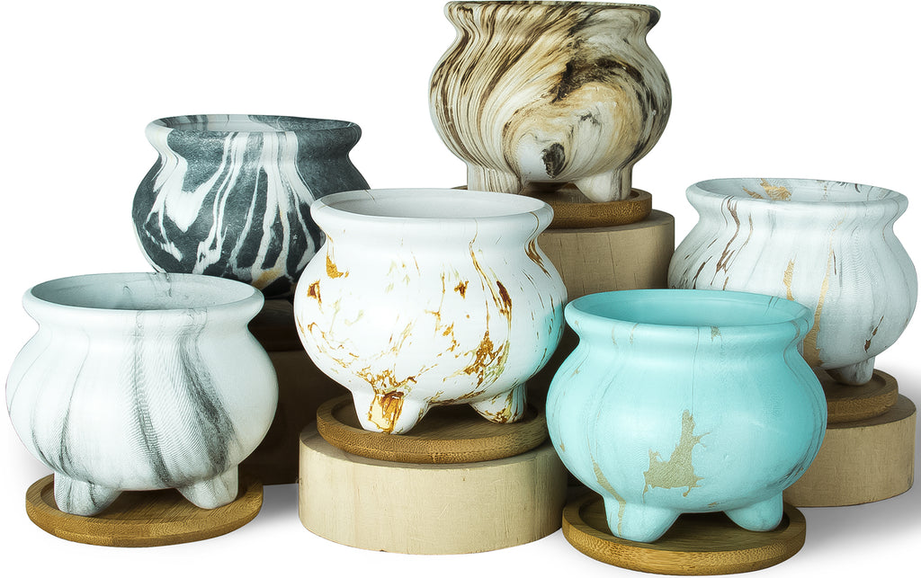 ARTKETTY 3.8 Inch Ceramic Succulent Planter Pots Small Cactus Planter Pots Tripod Glazed Flower Plant Container with Drainage Bamboo Tray Perfect for Desk or Windowsill Pack of 6