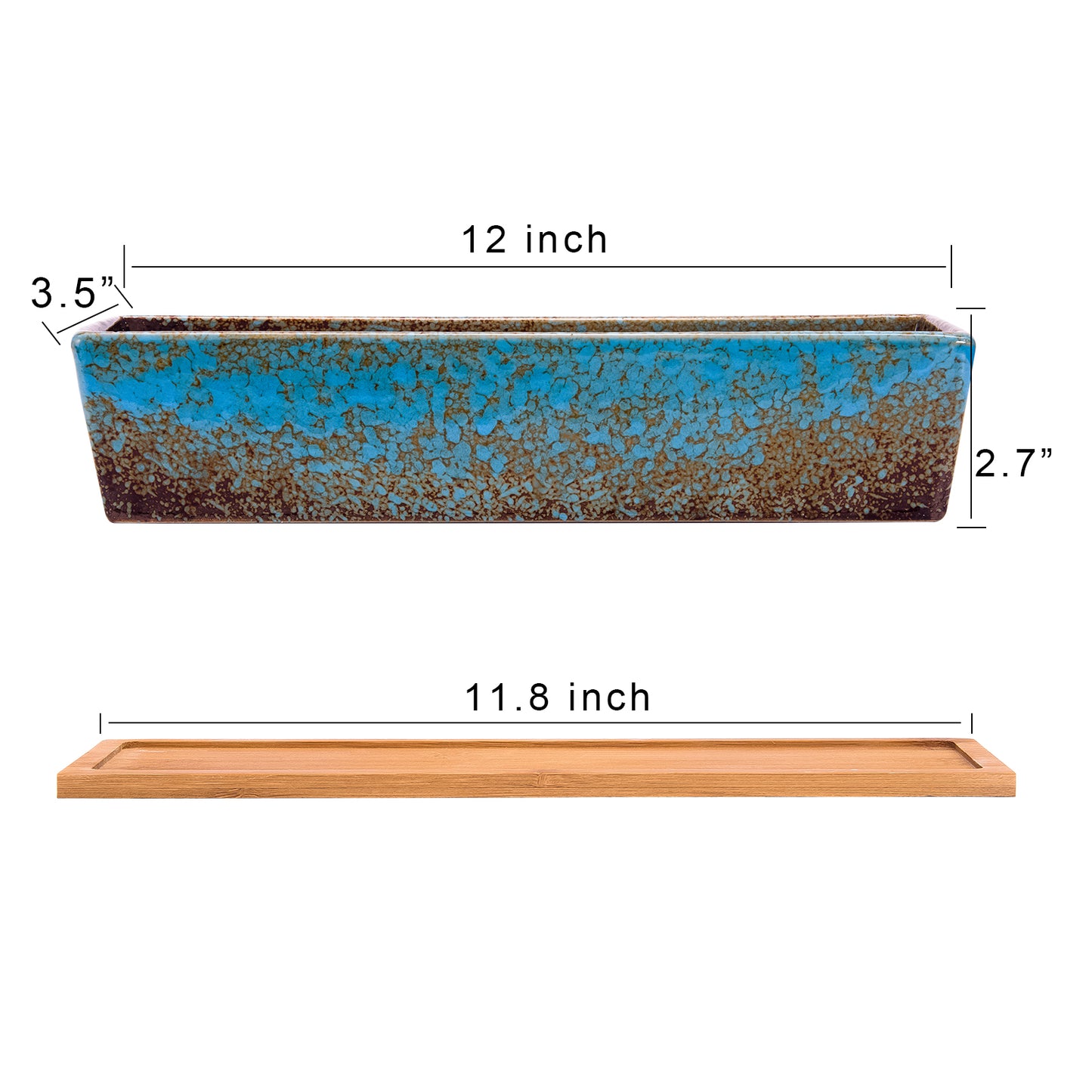 12 Inch Succulent Pots Long Rectangle Succulent Planter Pots with Drainage Bamboo Trays, Large Ceramic Cactus Flower Planters for Indoor/Outdoor Plants Shallow Bonsai Window Box Home Garden Decor